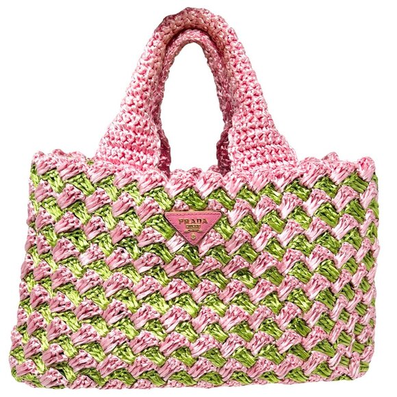 PRADA Vintage Logo Raffia Mini Tote Bag Pink Green Polyethylene [105145] - Picture 5 of 11